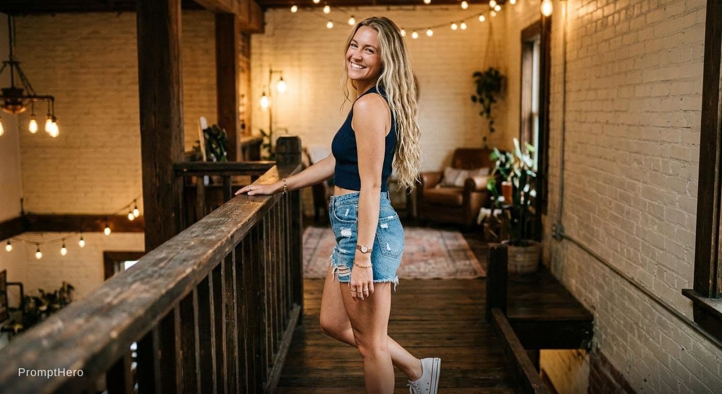 AI generated: A woman with long wavy blonde hair, wearing a dark blue sleeveless crop top and distressed denim sho...