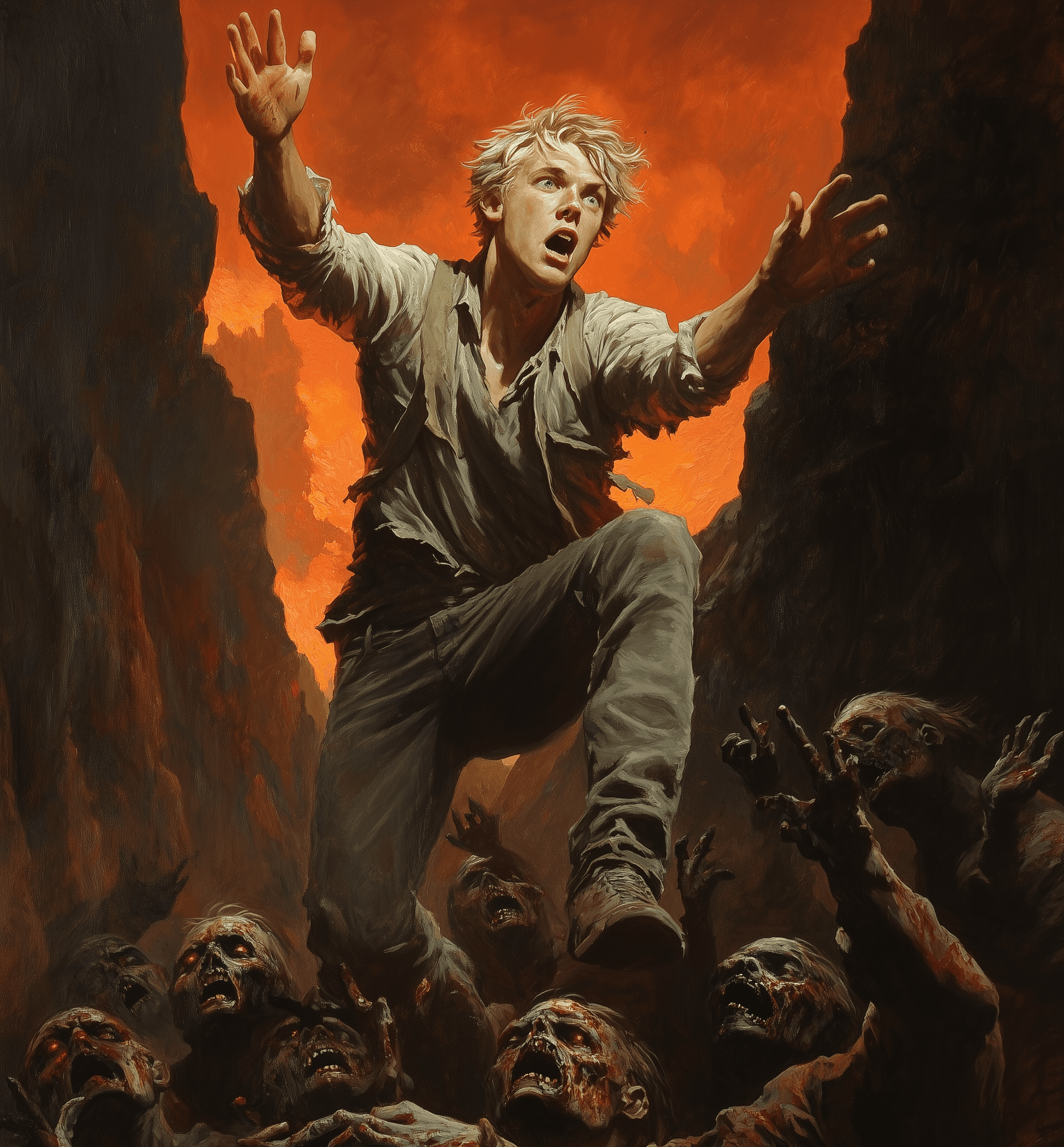 AI generated: A fantasy book cover of an action scene featuring a young man with short blonde hair and blue eyes i...