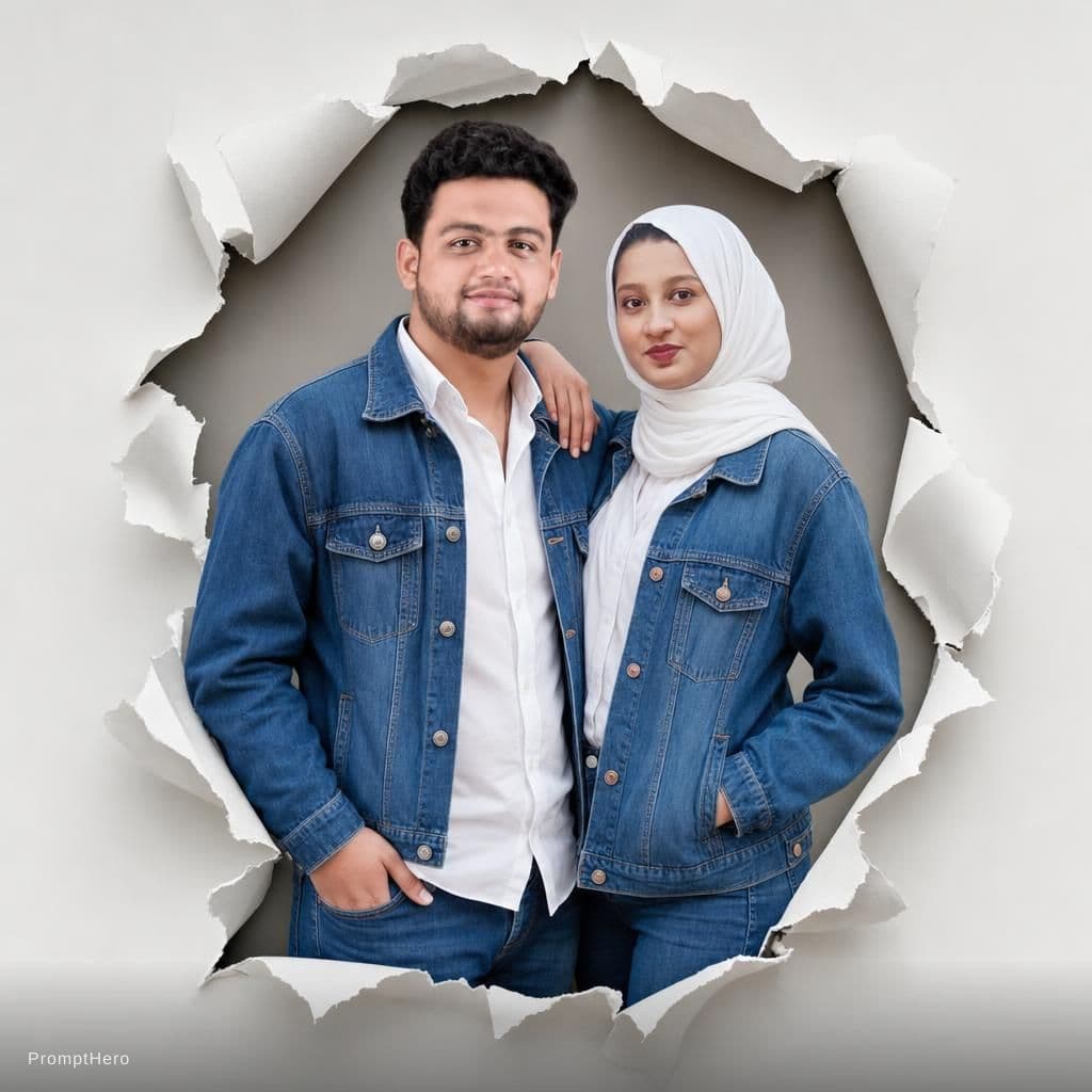 AI generated: Two Moroccan couple portraits, half-body view, emerging from realistic torn paper holes on a light g...