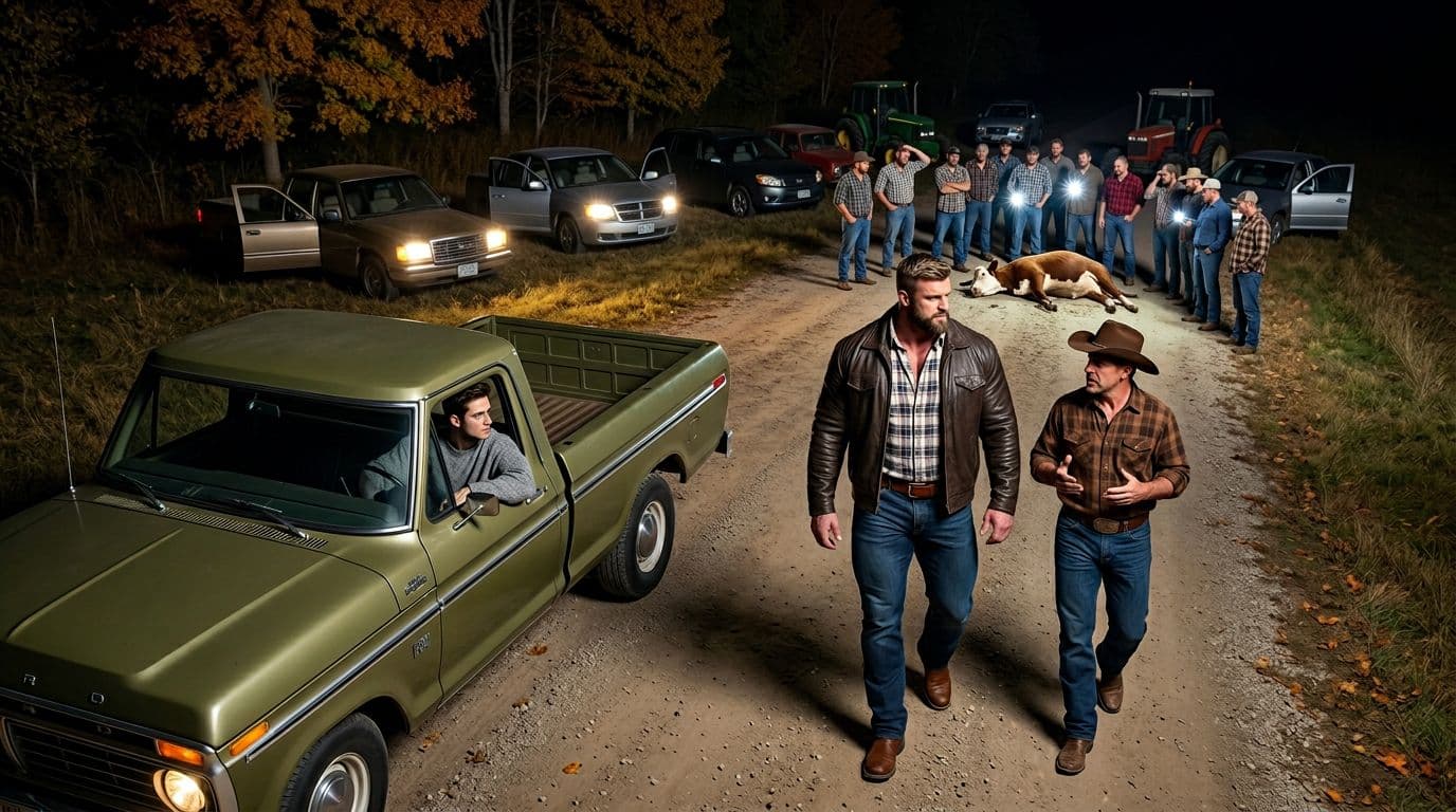 AI generated: In an Autumn night. The vintage olive green Ford pick up truck is parked next to the other cars far ...