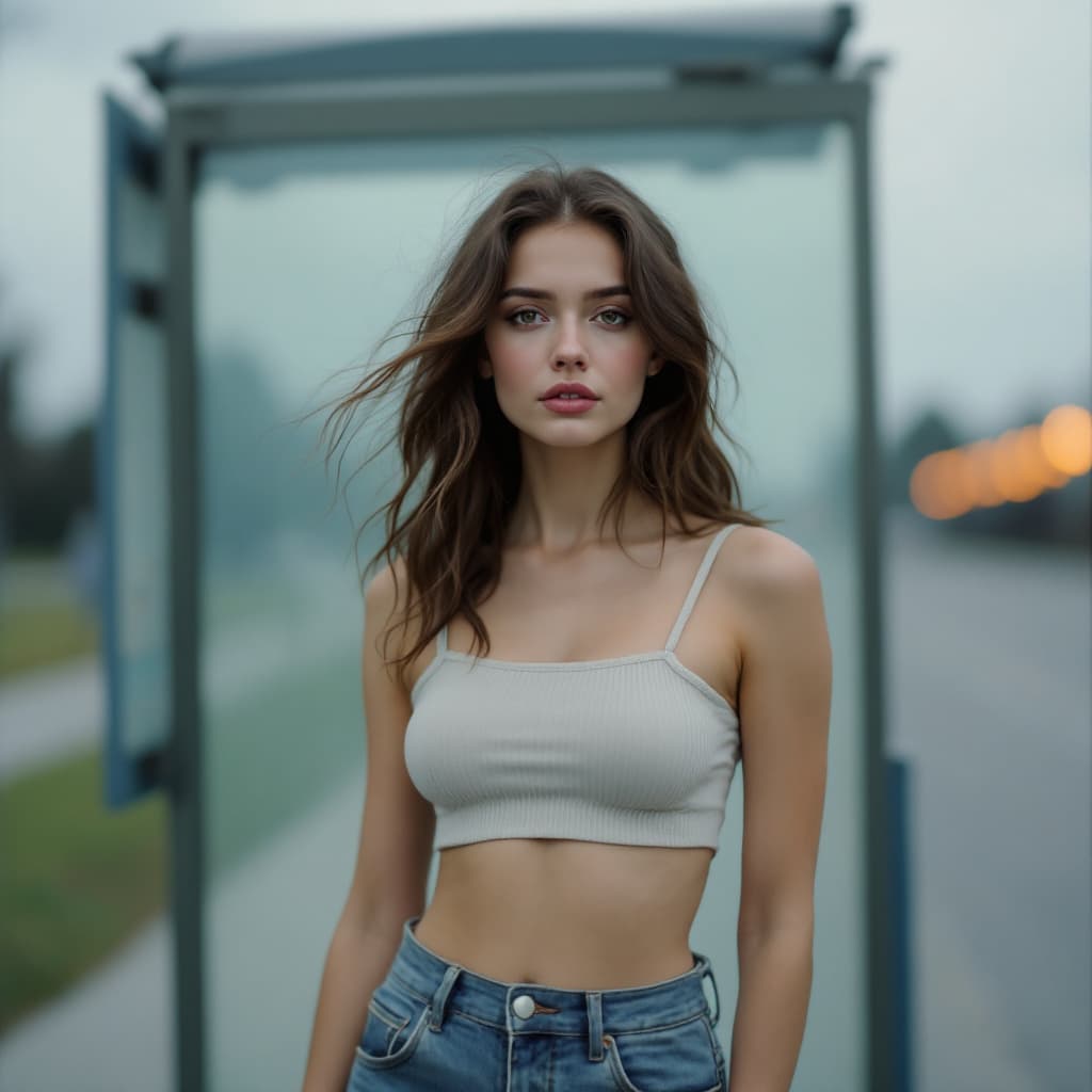 AI generated: a woman wearing a cropped top and jeans standing in front of the bus stop, in the style of Oleg Opri...