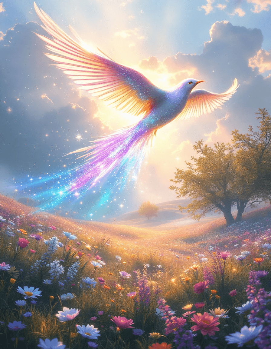 AI generated: A graceful, magical bird soars high through a luminous sky, its long, enchanted feathers shimmering ...