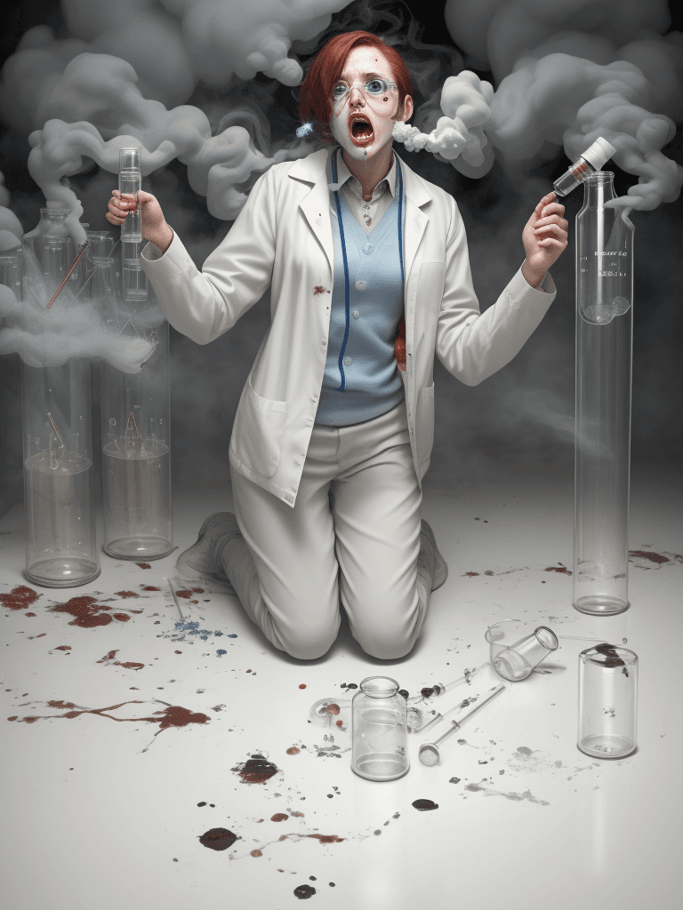 AI generated: person transforms into scientific flask while screaming in a 
misused lab: broken test tubes, spills...