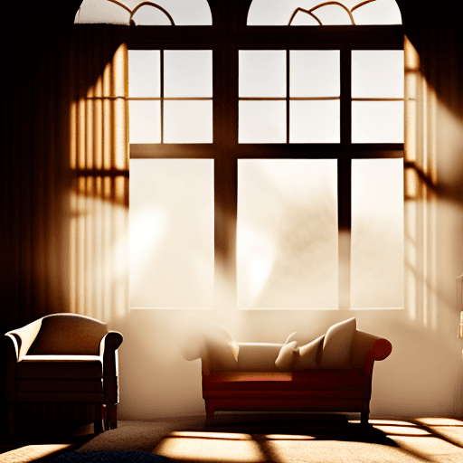 AI generated: lounge in an old house with dust sheets over the furniture.  Dust in the air is highlighted by light...
