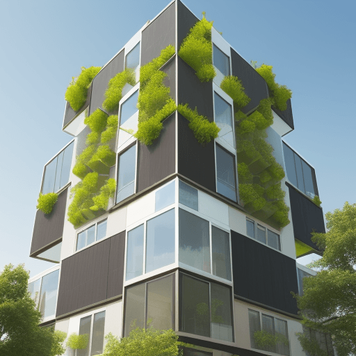 AI generated: flexible cube residential building with grids and inner open main court and green roof