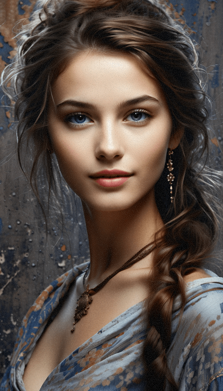AI generated:  a detailed portrait of a young woman with fair skin and large, soft blue eyes. Her hair should be s...