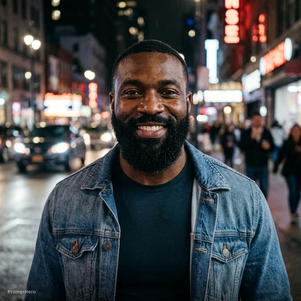 AI generated: A cinematic, close-up portrait of a muscular African bold man in his 30s  on a street at night, with...