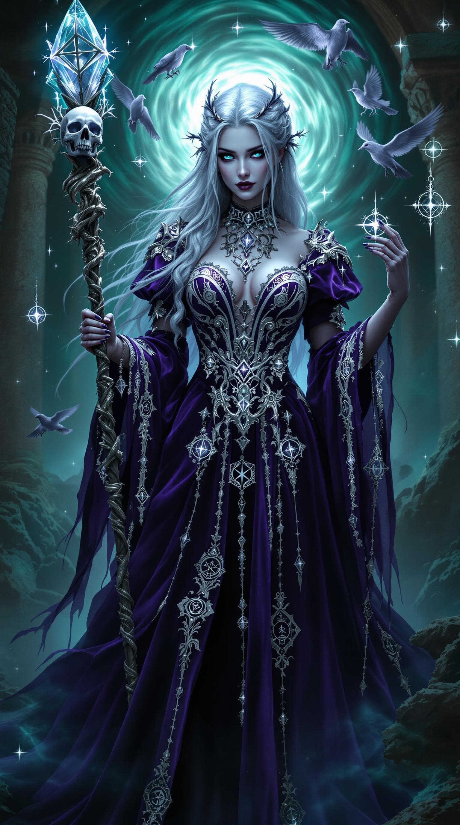 AI generated: An ultra-realistic, full-body static depiction of an arcane sorceress woman, exuding an aura of prof...