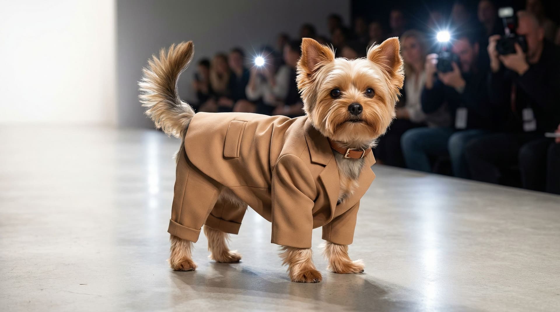 AI generated: In the provided photo of the Yorkshire dog named Pilita, transform her into a superstar fashion mode...