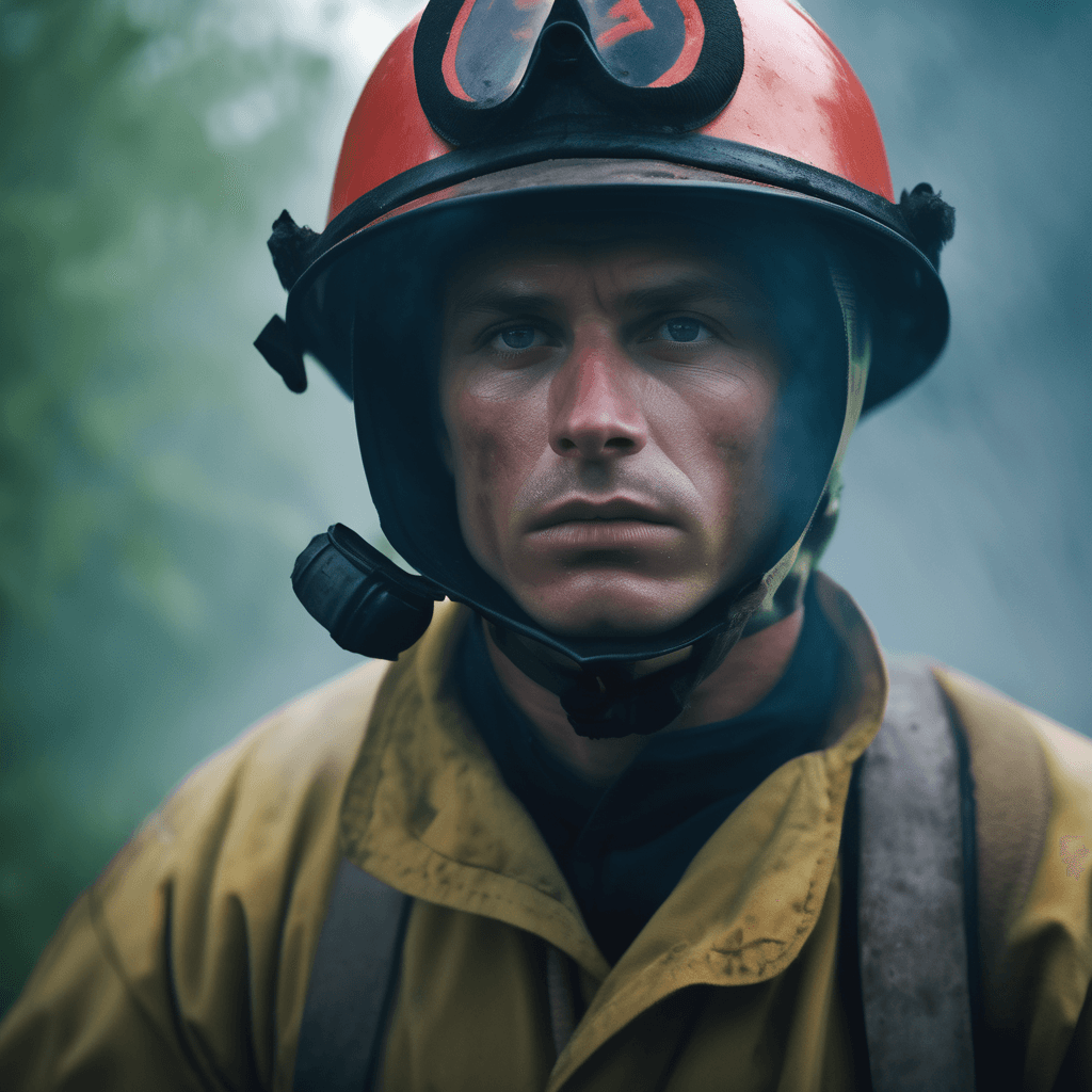 AI generated: A cinematic movie extreme close-up of a Russian firefighter in summer, centered and determined, with...