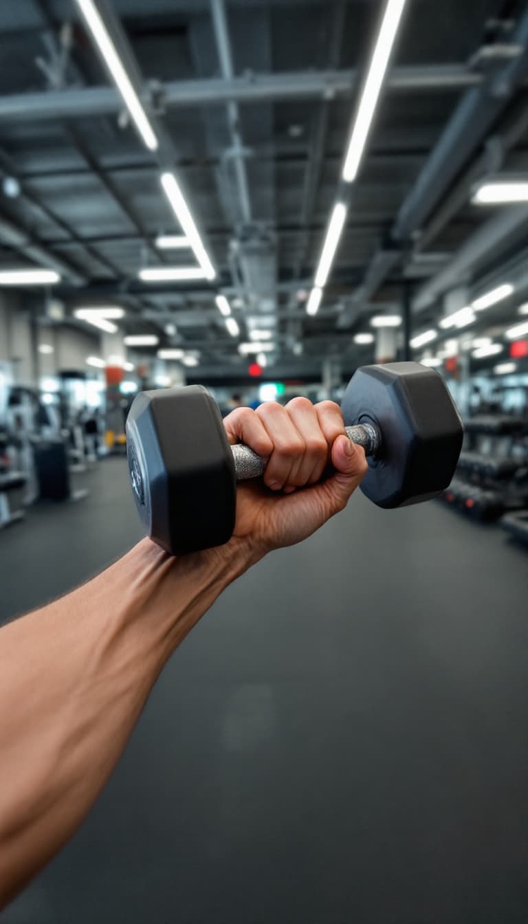 AI generated: POV, I am working out in a gym, holding a dumbbell naturally in my hand. Only my hands are visible i...