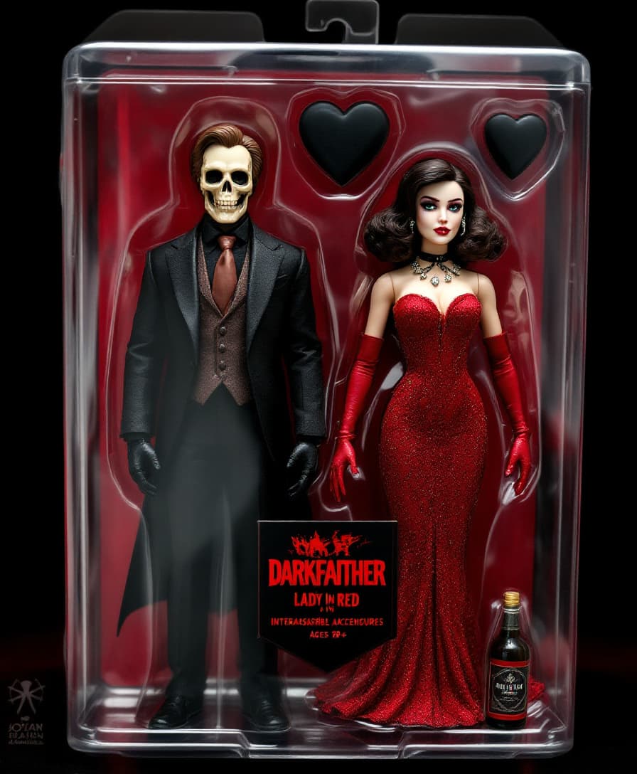 AI generated: A stylized collectible action figure in a toy package labeled "DARKFAITHER" for ages 18+, featuring ...