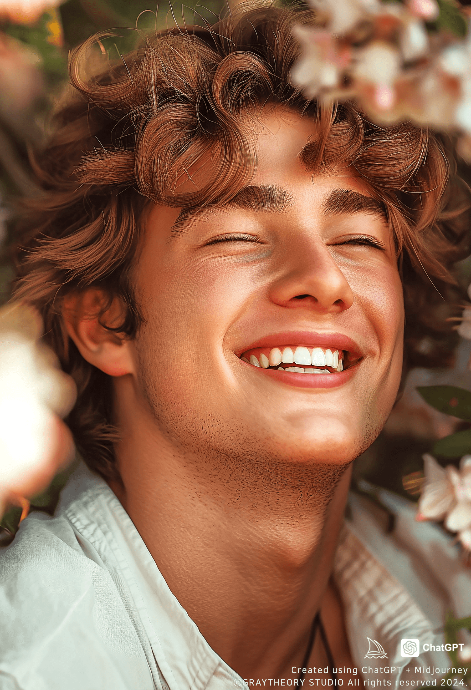 AI generated: photo featuring a male model with a hearty laugh, short brown hair, 180mm f/3.8 lens, light green an...