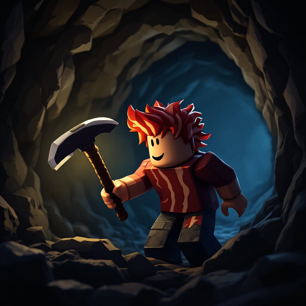 AI generated: Robloxian Bacon Hair holding a pickaxe, entering a dark cave, dim torchlight illuminating the rocky ...