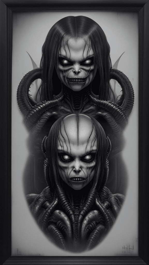 AI generated: "Eerie-inducing Xenomorph RFKTR-style headshot framed((club card)):2.2 featuring H.R. Giger's master...