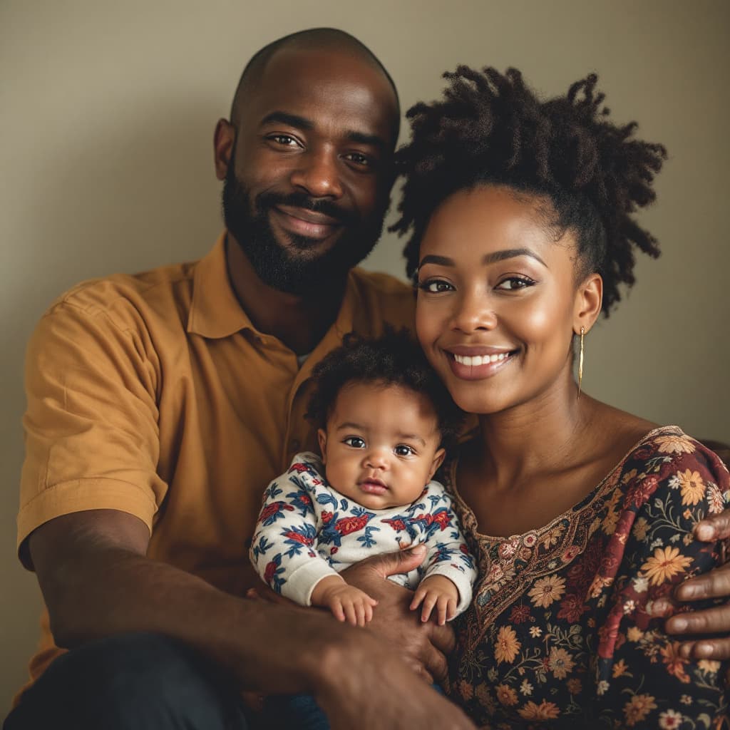 AI generated: an african family portrait of father mid 30 years, mother mid twenty years, 