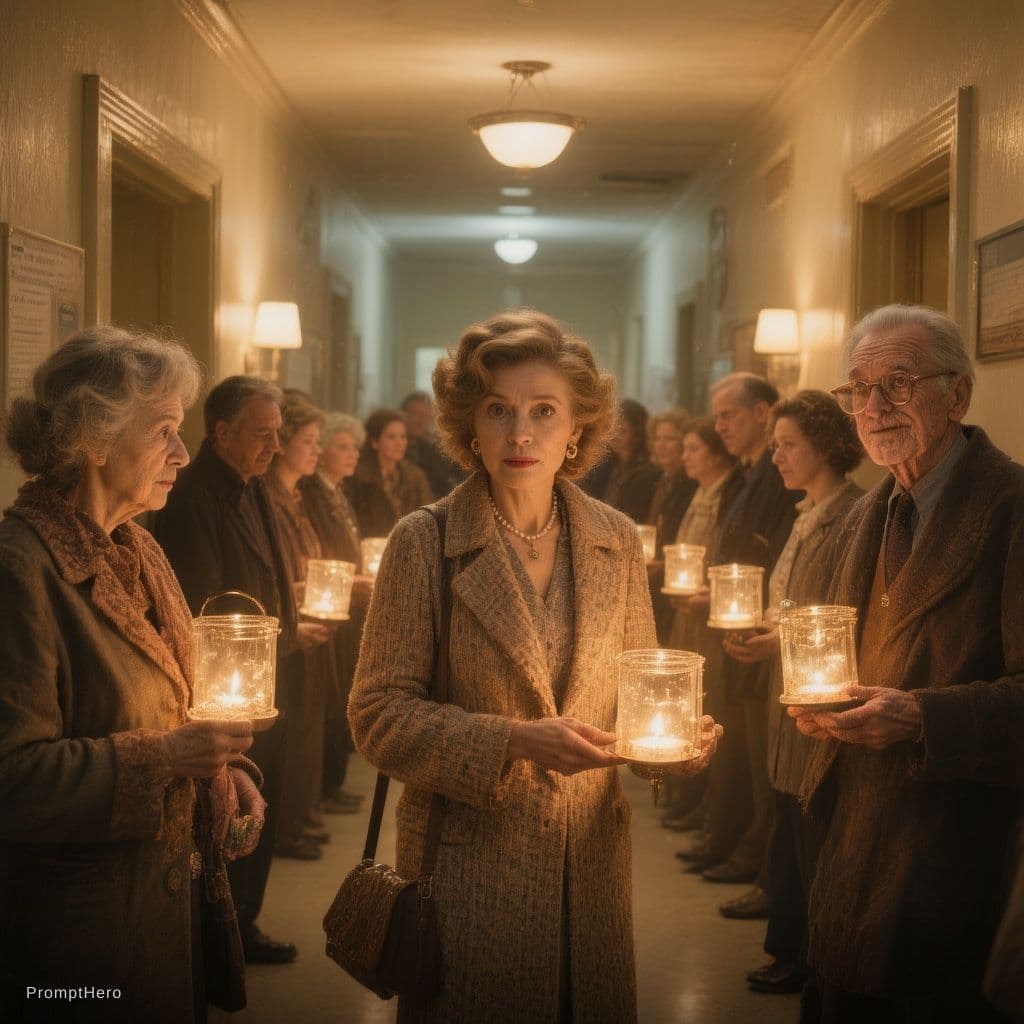 AI generated: Many citizens stood in the hospital corridor, holding lanterns. The warm lighting in the corridor wa...