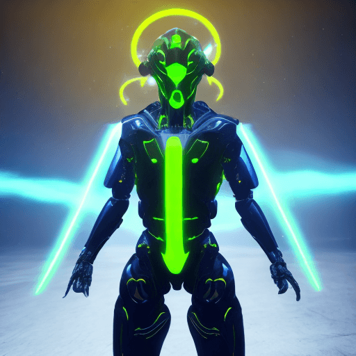 AI generated: Celestial humanoid male, glowing yellow
 aura, glowing green eyes, black background, blue and green ...