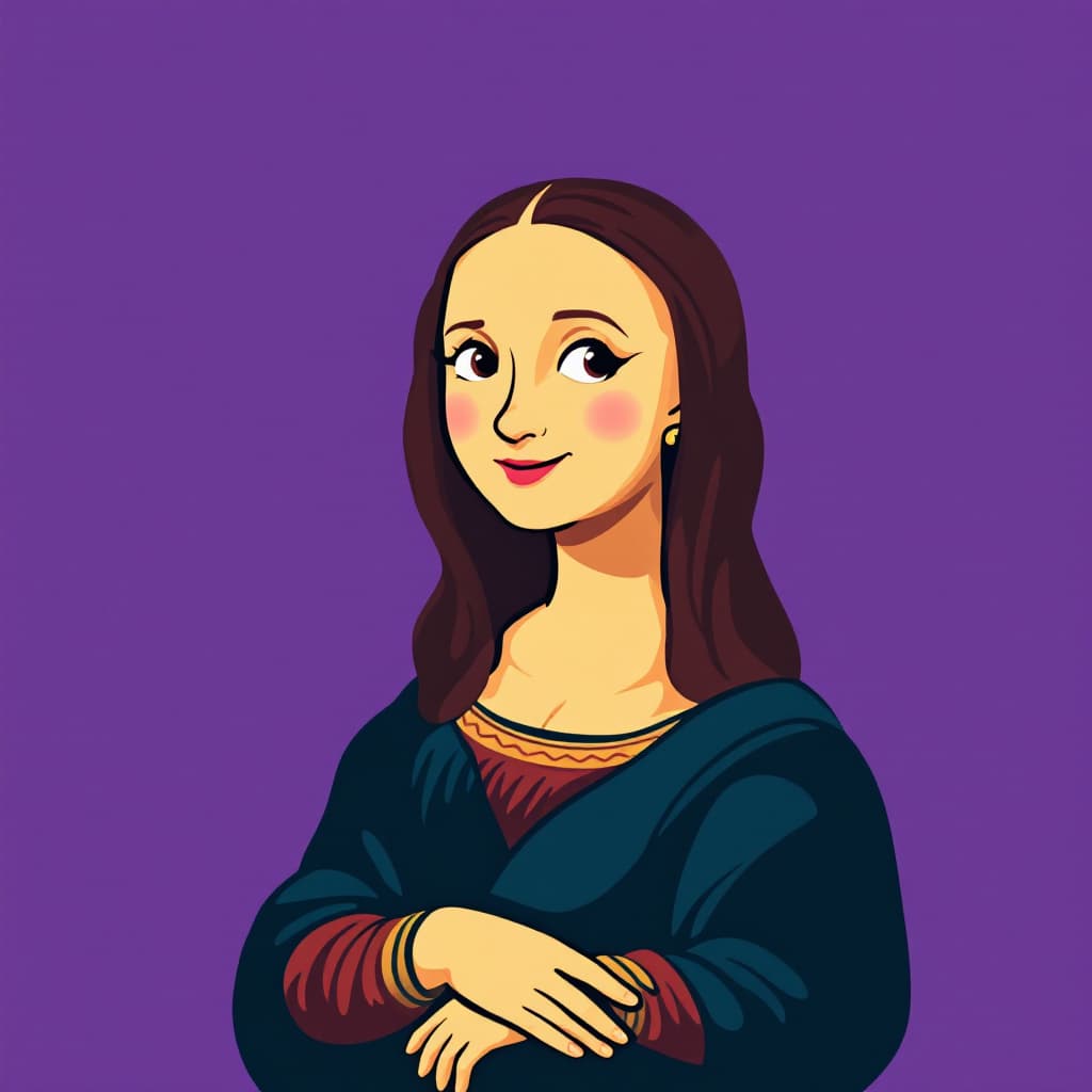 AI generated: illustration art, series of simple and colorful illustrations, Mona lisa, smile, exaggerated feature...