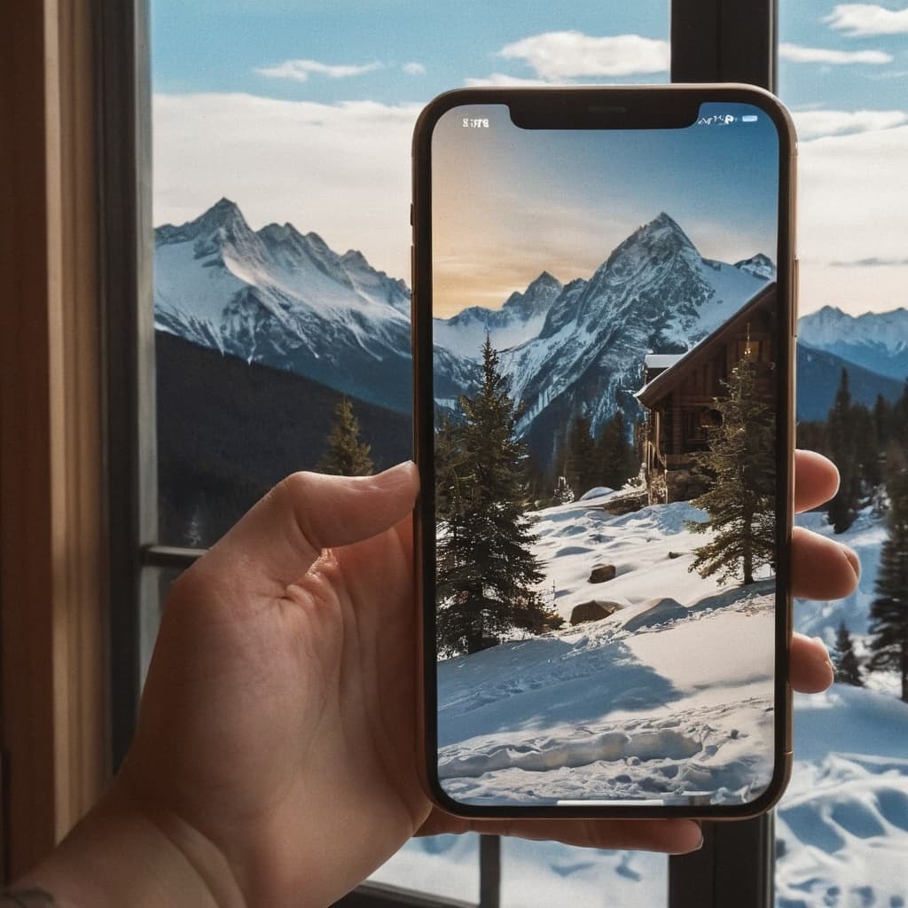 AI generated: A picture of a painting on a phone being uploaded to an Instagram story, winter mountain landscape, ...