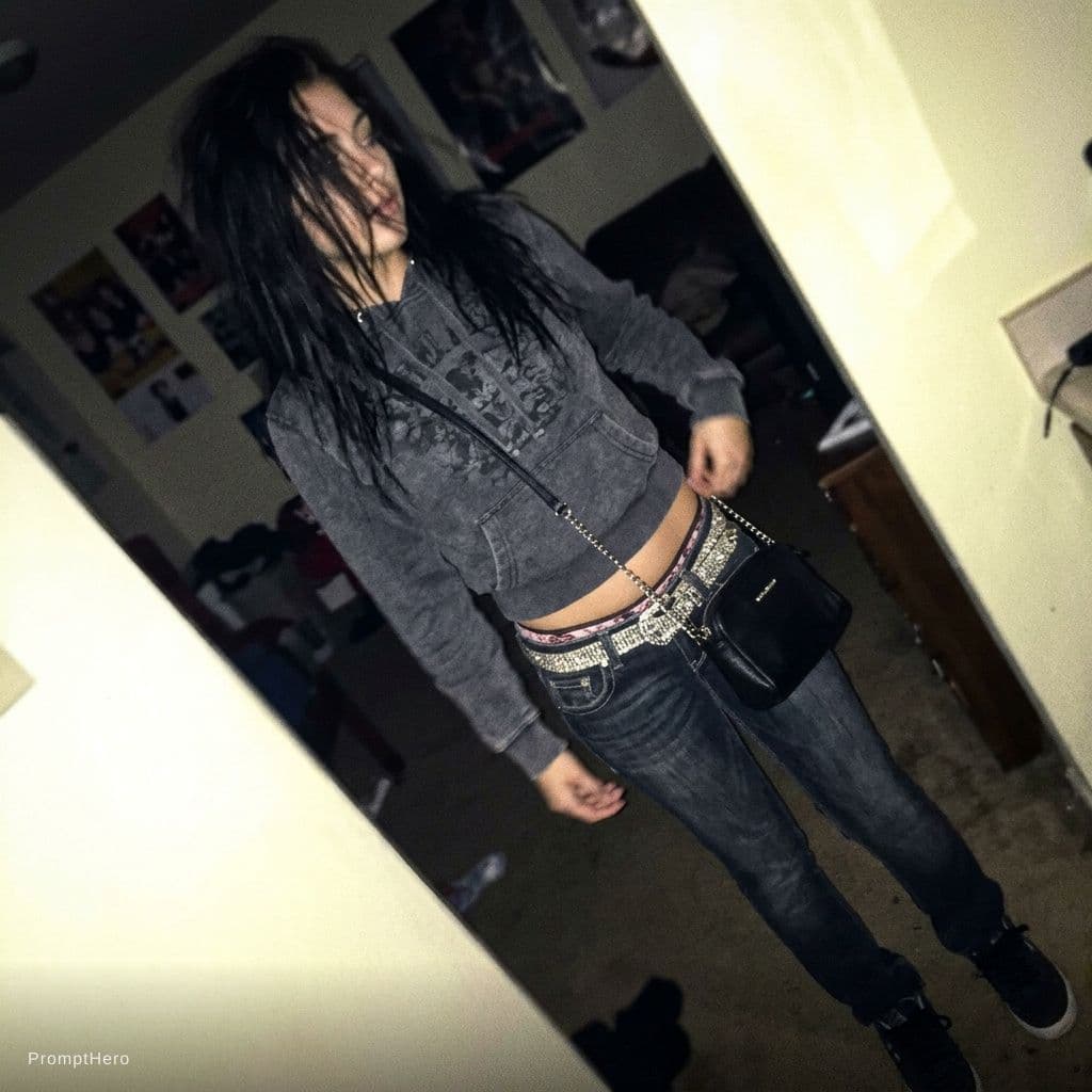 AI generated: a lo-fi 2015s-era, diagonally taken, low-quality iPhone photo of a 20-year-old baddie. The shot is i...
