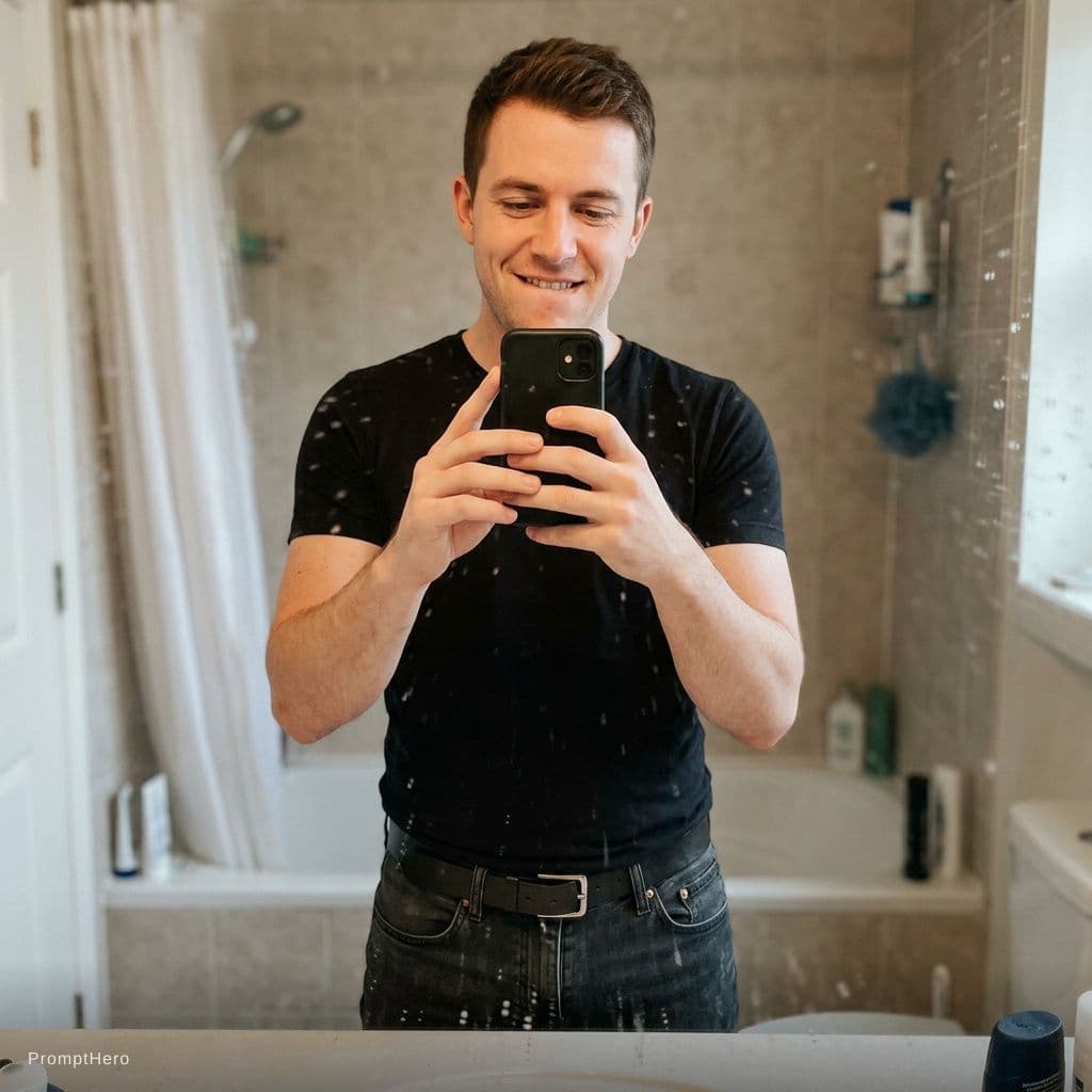 AI generated: Casual mirror selfie in a bathroom, smartphone photo quality. Slim brunette adult with a playful exp...
