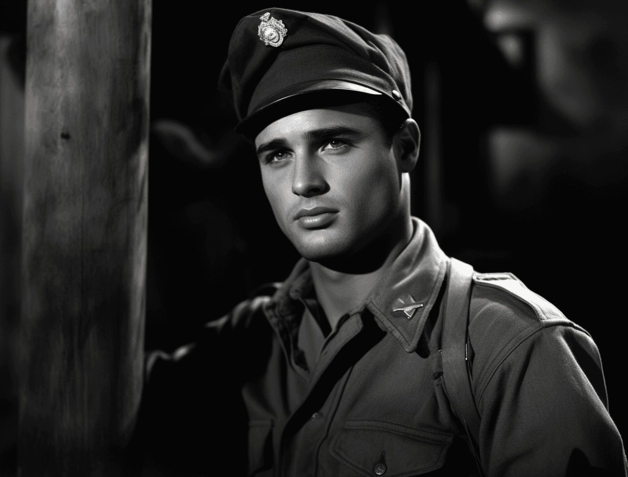 AI generated: A young Marlon Brando in the film "The Teothys" wearing an army cap, in black and white, with film g...