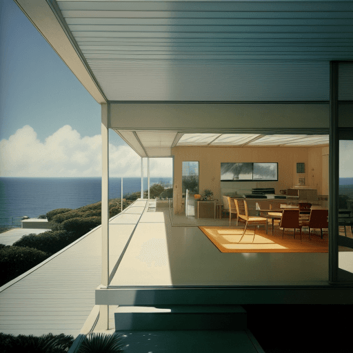 AI generated: Hyper realistic eye level exterior photo of a mid century modern style house overlooking the ocean, ...