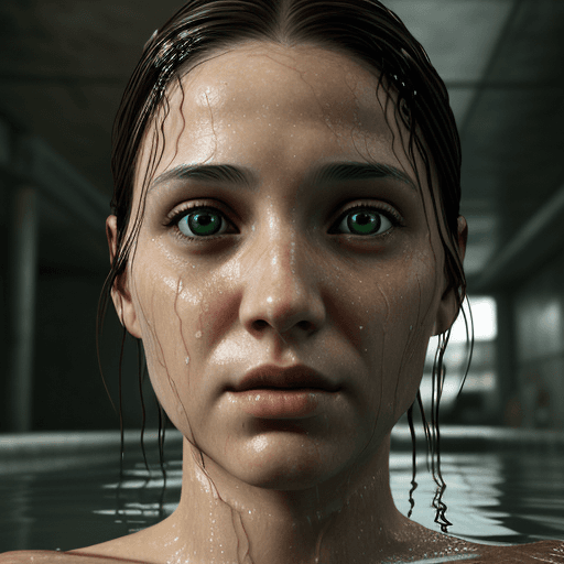 AI generated: the face of woman with beautiful brown eyes, in water, in the style of dystopian realism, realistic ...
