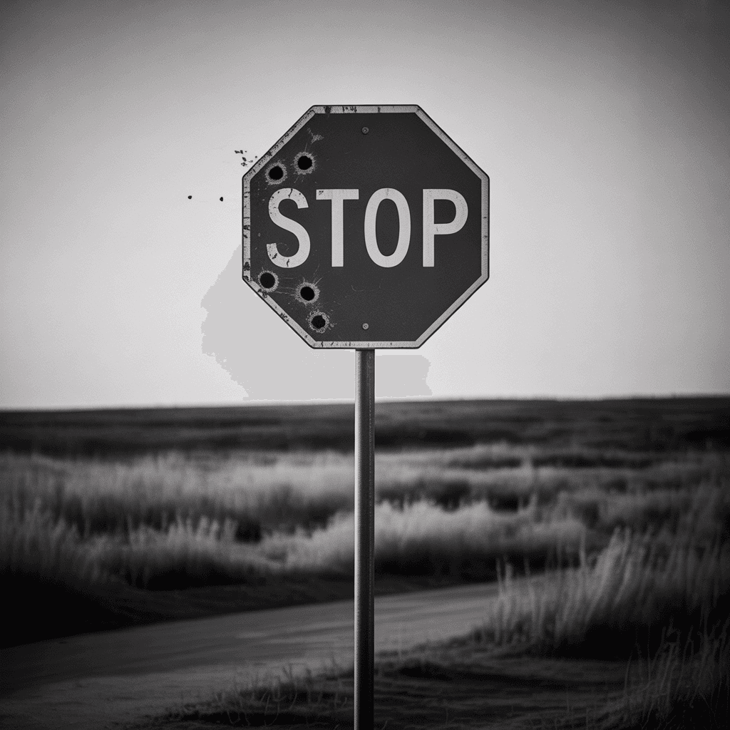 AI generated:  a hauntingly beautiful image of a bullet-ridden stop sign set against a stark landscape. This monoc...