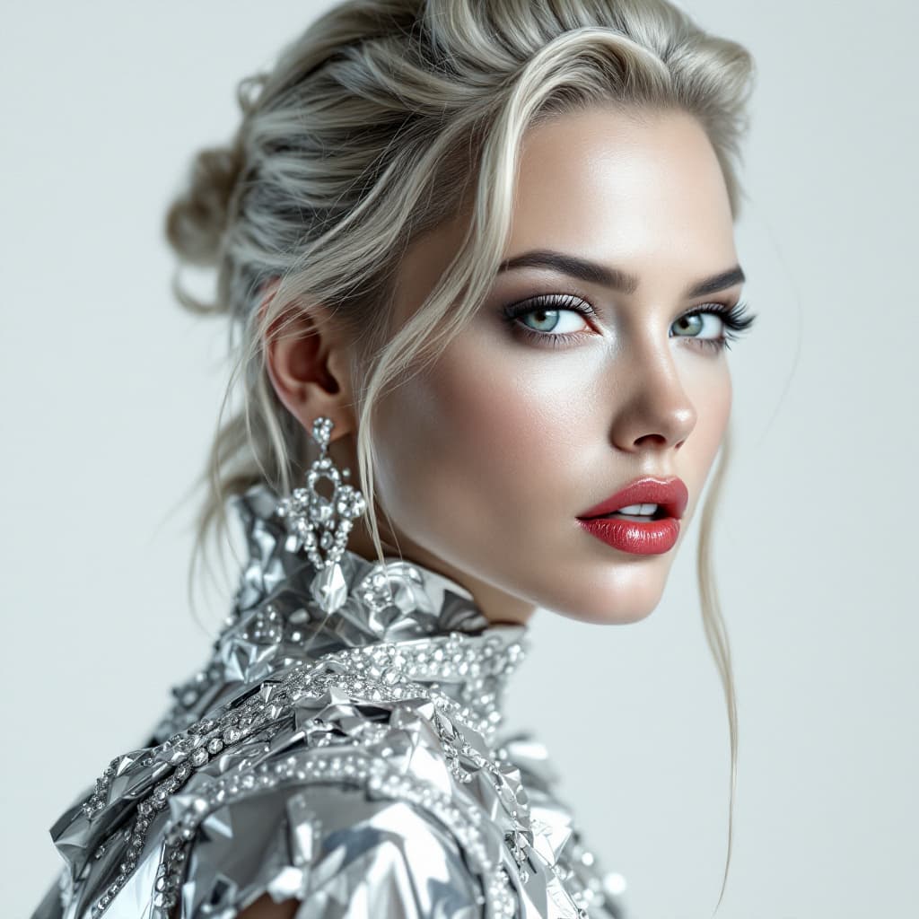 AI generated: White background, beautiful portrait of Charlize Theron with Asian features in white and silver colo...