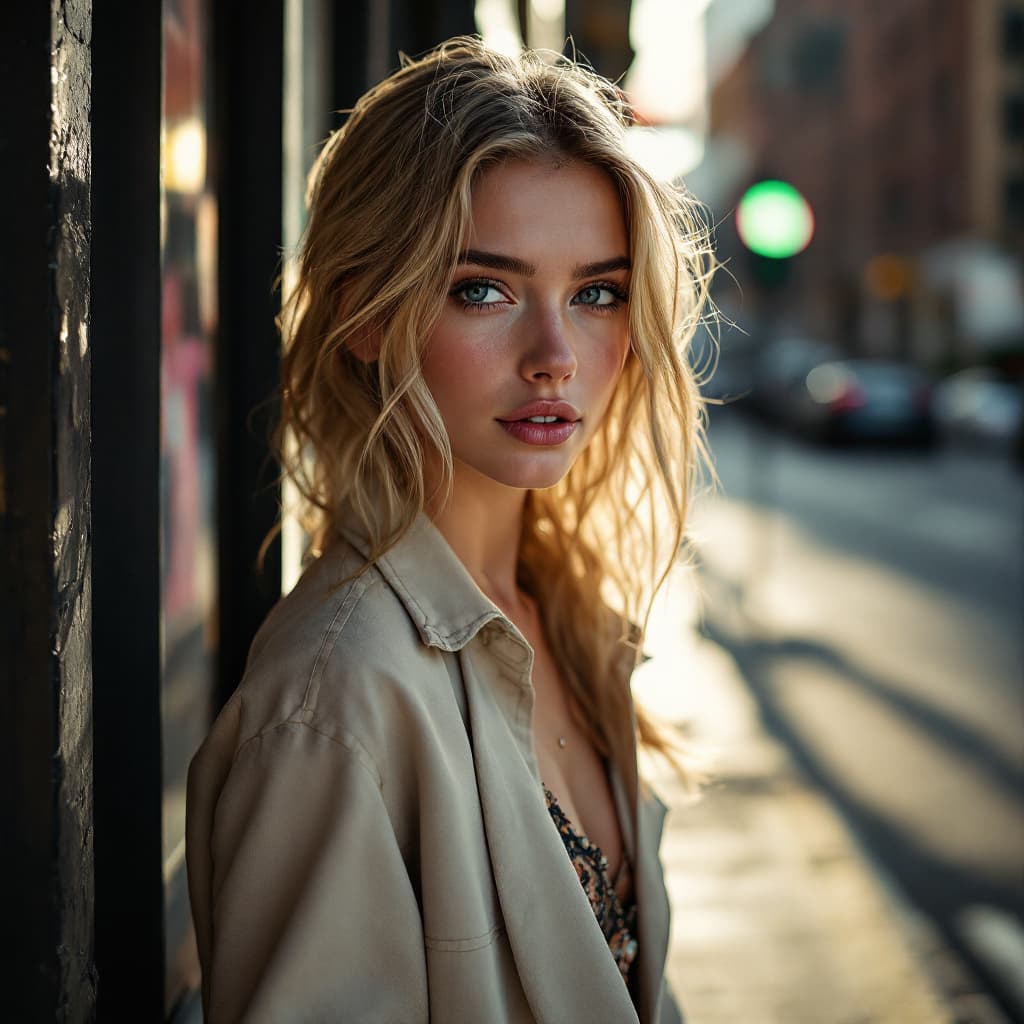AI generated: Photography, full body wide shot, young adult blonde woman model, street fashion style, looking stra...
