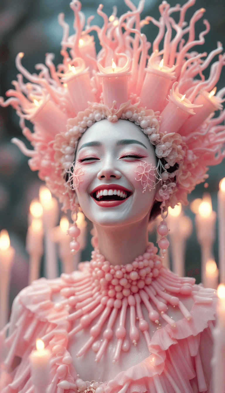 AI generated: candid closeup photo of a giggling eccentric japanese candle queen wearing a dress made of candles, ...