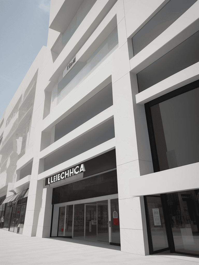 AI generated: Modern retail facade, geometric design, Leica SL2, 16-35mm wide-angle lens capturing the contrast of...