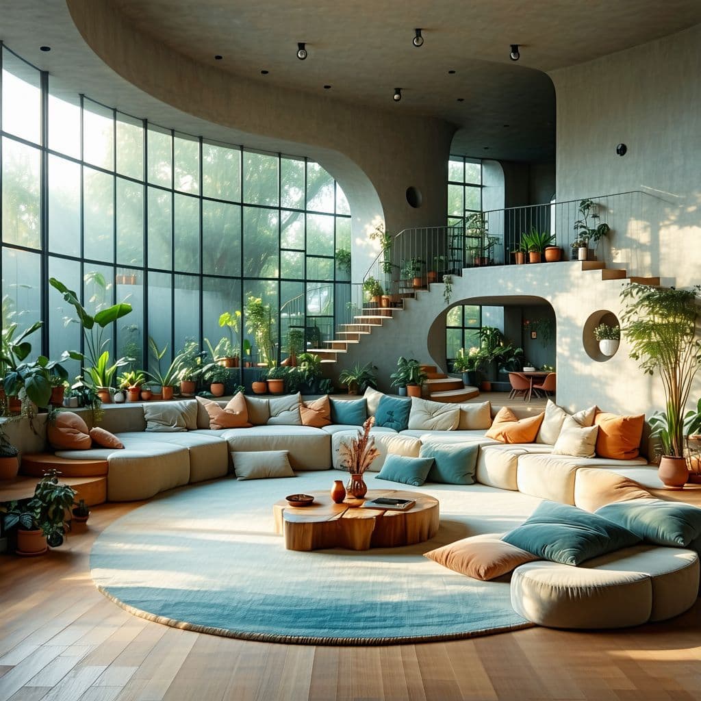 AI generated: High resolution photography interior design, dreamy sunken living room conversation pit, wooden floo...