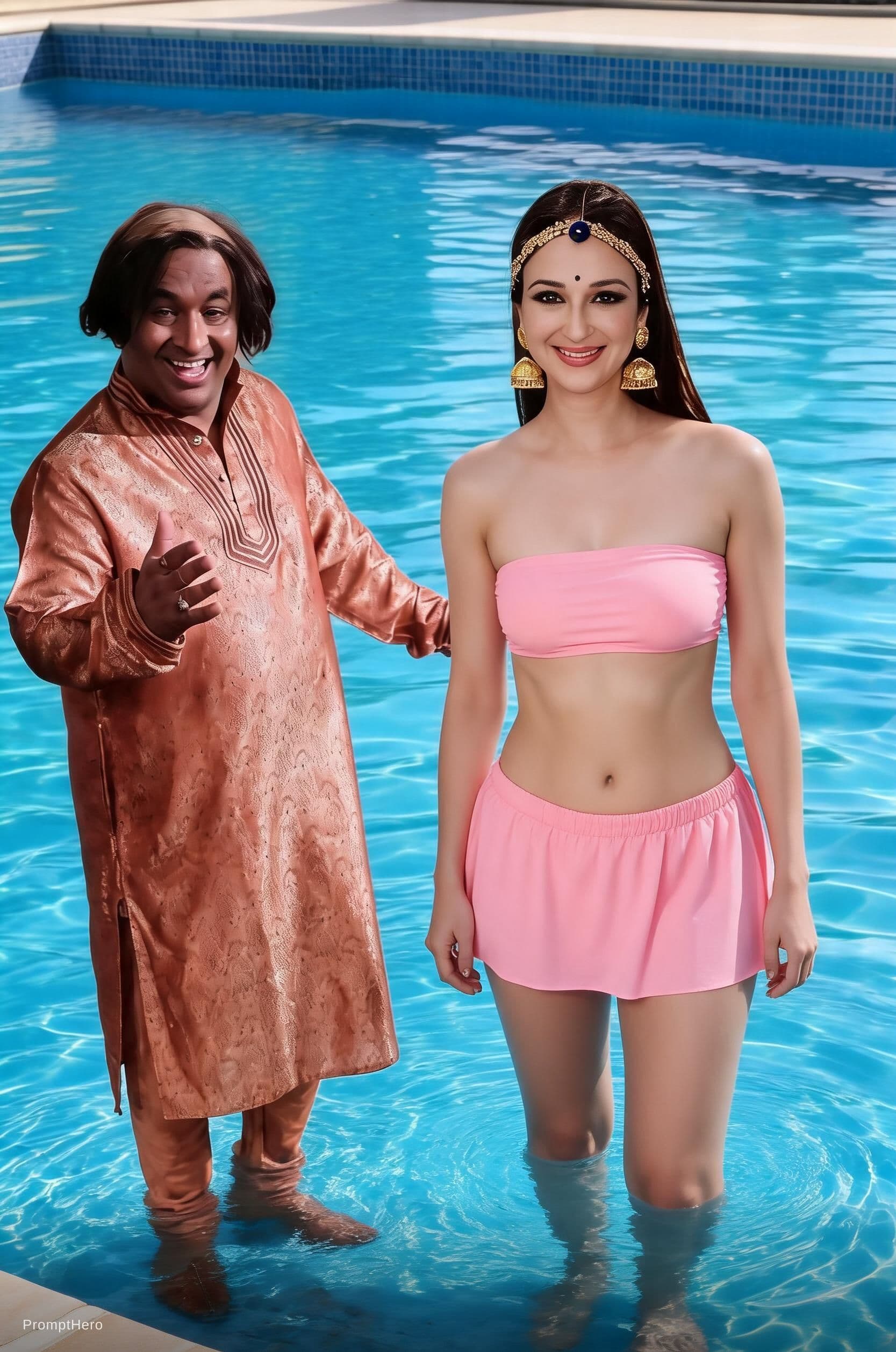 AI generated: The Women wearing a strapless pink hot bikini bust size 26d and standing in swimming pool with india...