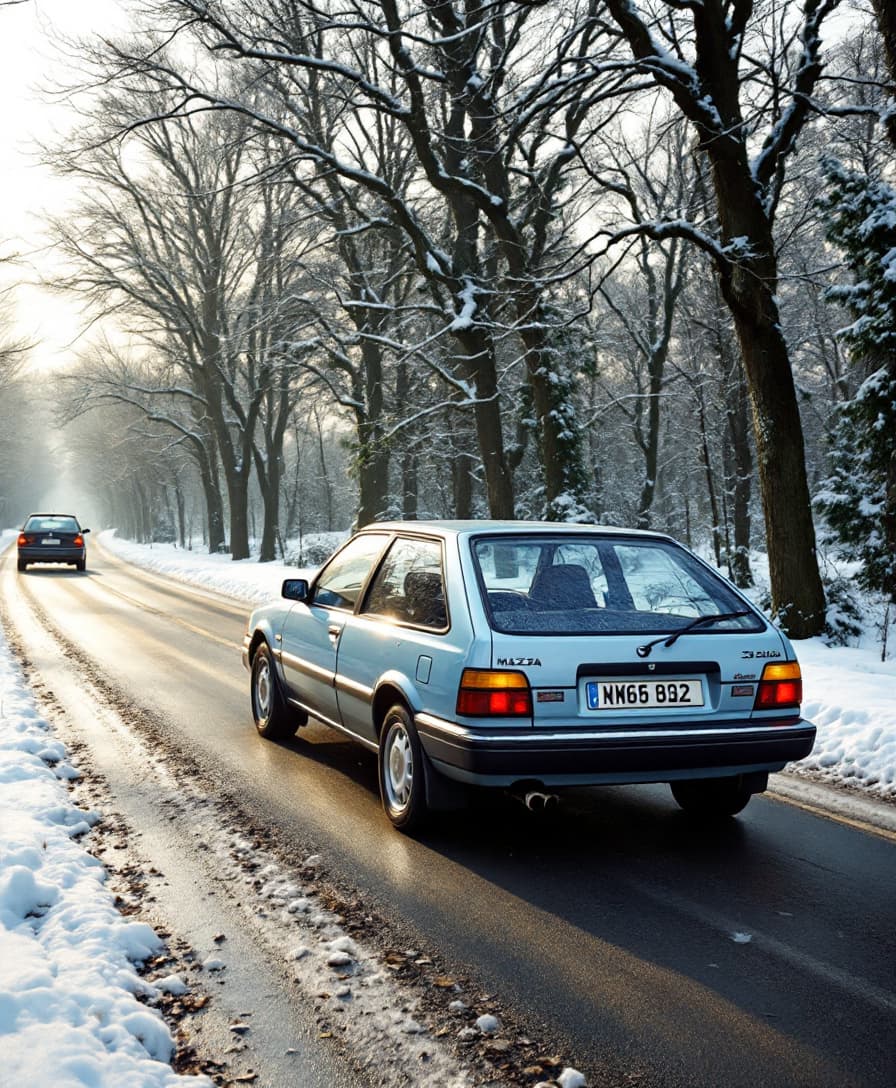 AI generated: year 1988 light blue mazda 323 hatch back in winter road