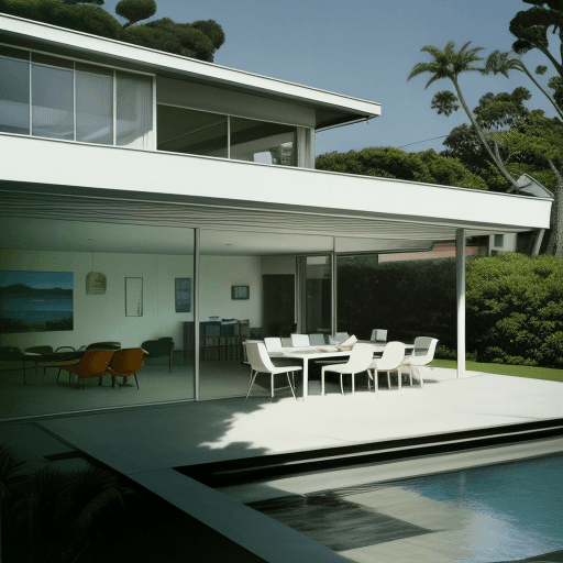 AI generated: Hyper realistic eye level exterior photo of a mid century modern style house overlooking the ocean, ...