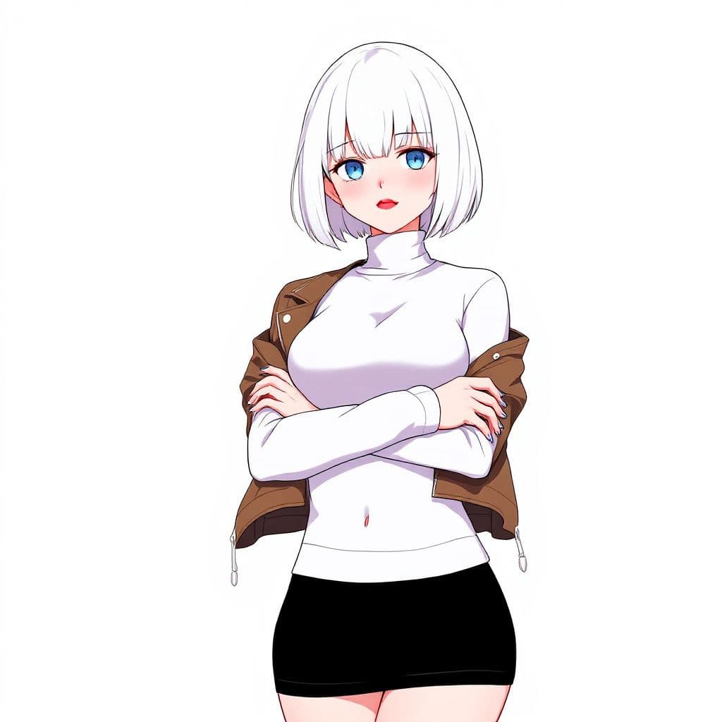 AI generated: anime, woman, white hair, bob cut, straight bangs, blue eyes, red lips, white sweater, tight sweater...