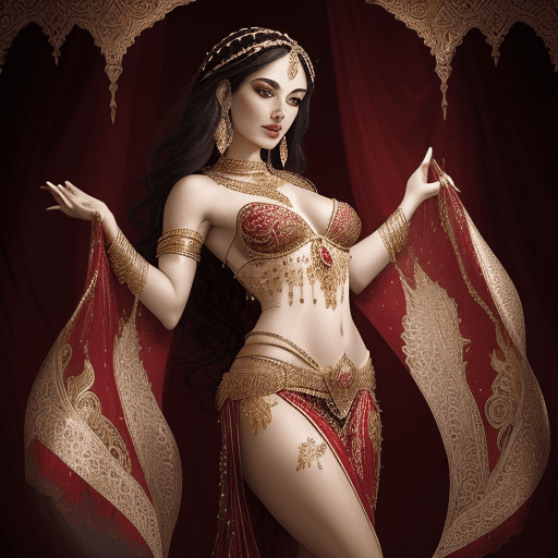 AI generated: 
 a high-resolution portrait of a beautiful 25 year old belly dancer wearing exquisite flowing red s...