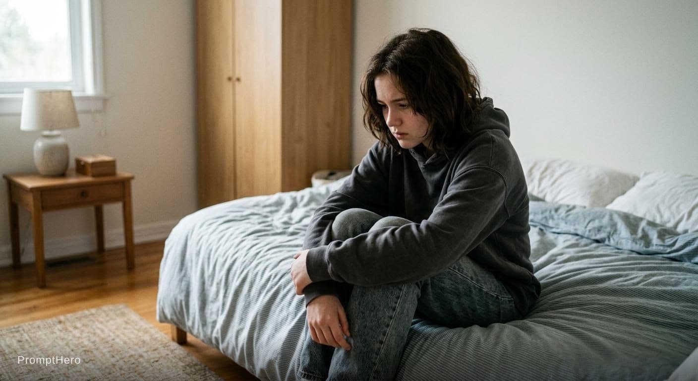 AI generated: photo realistic image of a girl with dark hair sitting on her bed looking ashamed.  No phone no tv n...