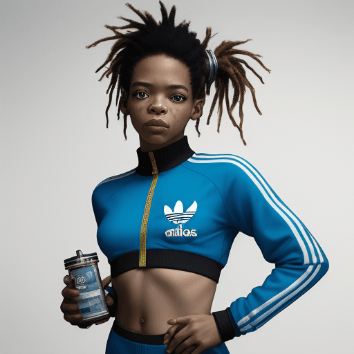 AI generated: by Jean Michel Basquiat,a cyborg girl, <lora:DI_belle_delphine_v1:1> BREAK Girl wearing Adidas sport...