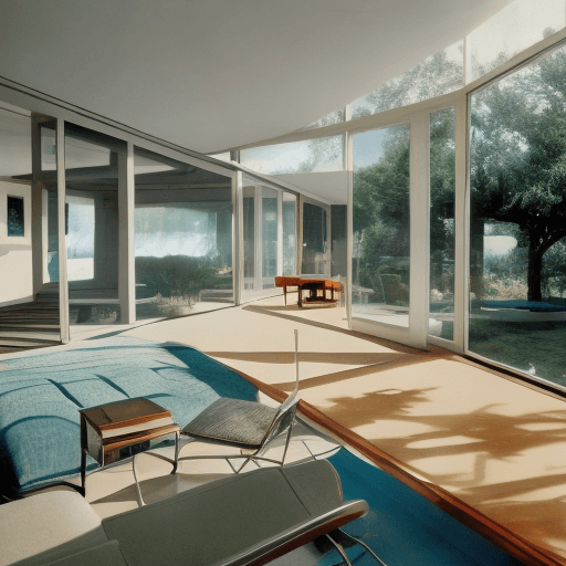 AI generated: Hyper realistic eye level exterior photo of a mid century modern style house overlooking the ocean, ...