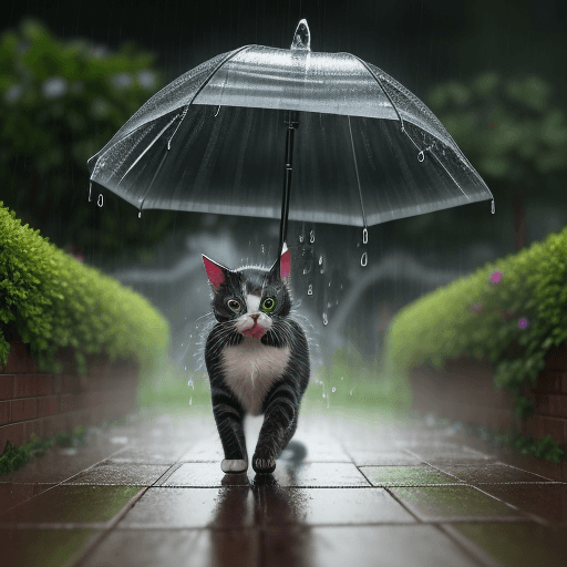 AI generated: Thunderstorm and downpour in the garden. Frightened cute cat runs away from the rain, on an old bric...