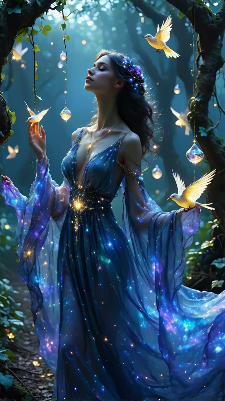 AI generated: A majestic, ethereal woman, her gown woven from constellations and golden vines, stands in an enchan...