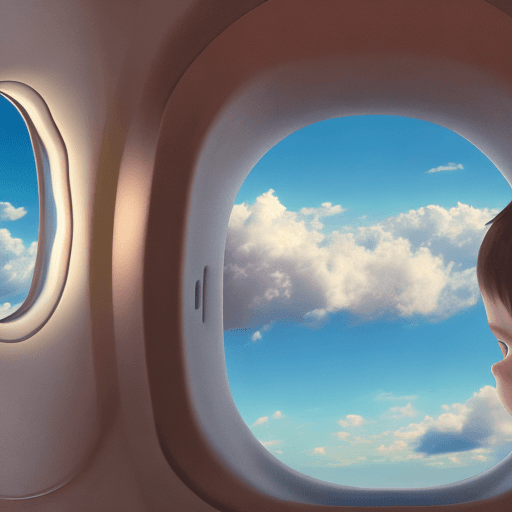 AI generated: niño mirando las vistas a traves ventana avion. foto vista desde atras niño tiene pelo rizado corto ...