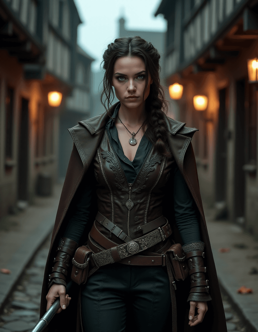 AI generated: A realistic photo of a woman embodying Van Helsing, set in a medieval town. She has dark brown, wavy...
