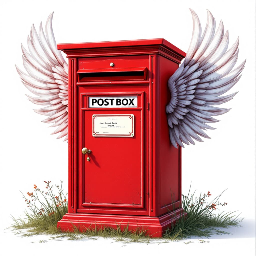 AI generated: Generate a Post Box Image in red colour
with wings look like digital image use text PostBox instead ...