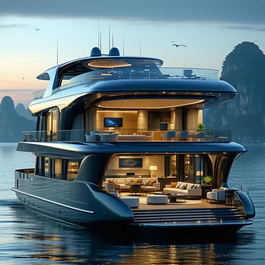 AI generated: Create a futuristic 35-foot houseboat design with large open windows showcasing a luxurious interior...