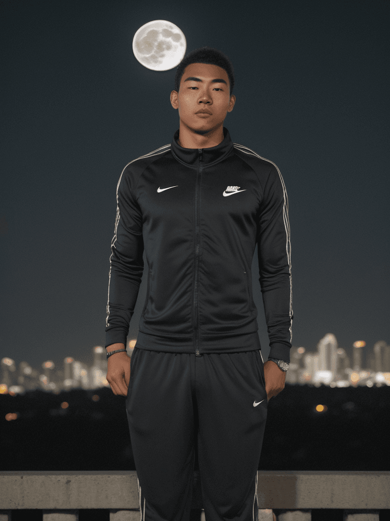 AI generated: young man moai head using nike tracksuit, night time, big full moon above the city lights in the bac...